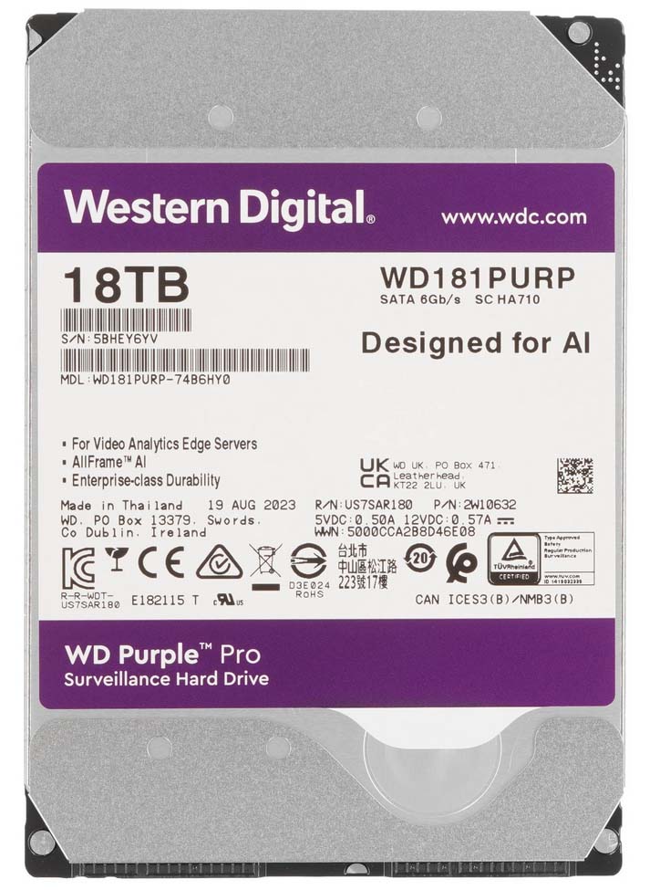 HDD 18.0 Tb, жесткий диск WD SATA3 Purple Pro 7200 512Mb WD181PURP