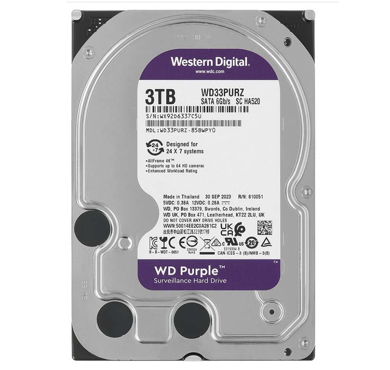 HDD 3.0 Tb, жесткий диск WD SATA-III 3TB WD33PURZ Surveillance Purple (5400rpm) 256Mb 3.5"