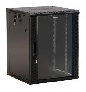 TWB-FC-1566-GP-RAL9004 Шкаф настенный 15U (775х600х600мм) стекл. дверь с перф.по бокам, ручка с замком, черный, разобранный, установка на ножки