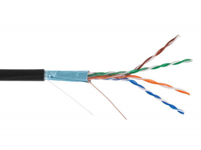 Кабель NETLAN F/UTP 4 пары, Кат.5e (Класс D), 100МГц, одножильный, BC (чистая медь), внешний PE до -40C, с одножильным тросом, черный, 305м (EC-UF004-5E-PE-SW-BK)