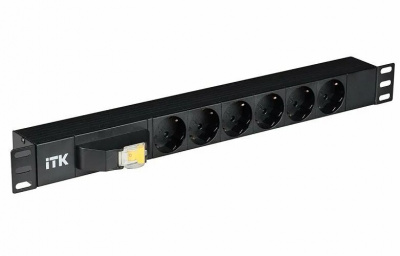 PDU 6 розеток DIN49440 (нем. станд.), с автоматом на 10А, 1U, без шнура, вх. IEC320 C14, алюминиевый профиль, черный