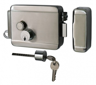 ST-RL073DI-SS Smartec Эл-мех. накладной замок, НЗ, универсальный DIN, цилинр снаружи и изнутри, кнопка изнутри (блокировка кнопки), питание 12