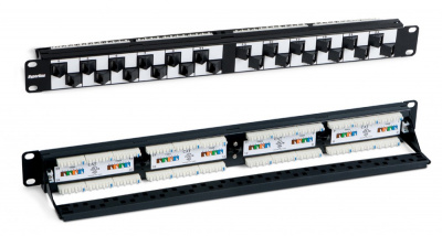 PP2A-19-24S-8P8C-C5E-110 Патч-панель 19", 1U, с угловыми портами, 24 порта RJ-45, категория 5e, Dual IDC Hyperline