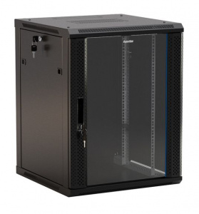 TWB-1566-GP-RAL9004 Шкаф настенный 15U (775х600х600мм) стекл. дверь с перф. по бокам, ручка с замком, черный, разобранный